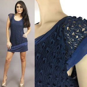 Miilla Mini Dress Small Blue Womens Gauze Crochet Short NWT $90